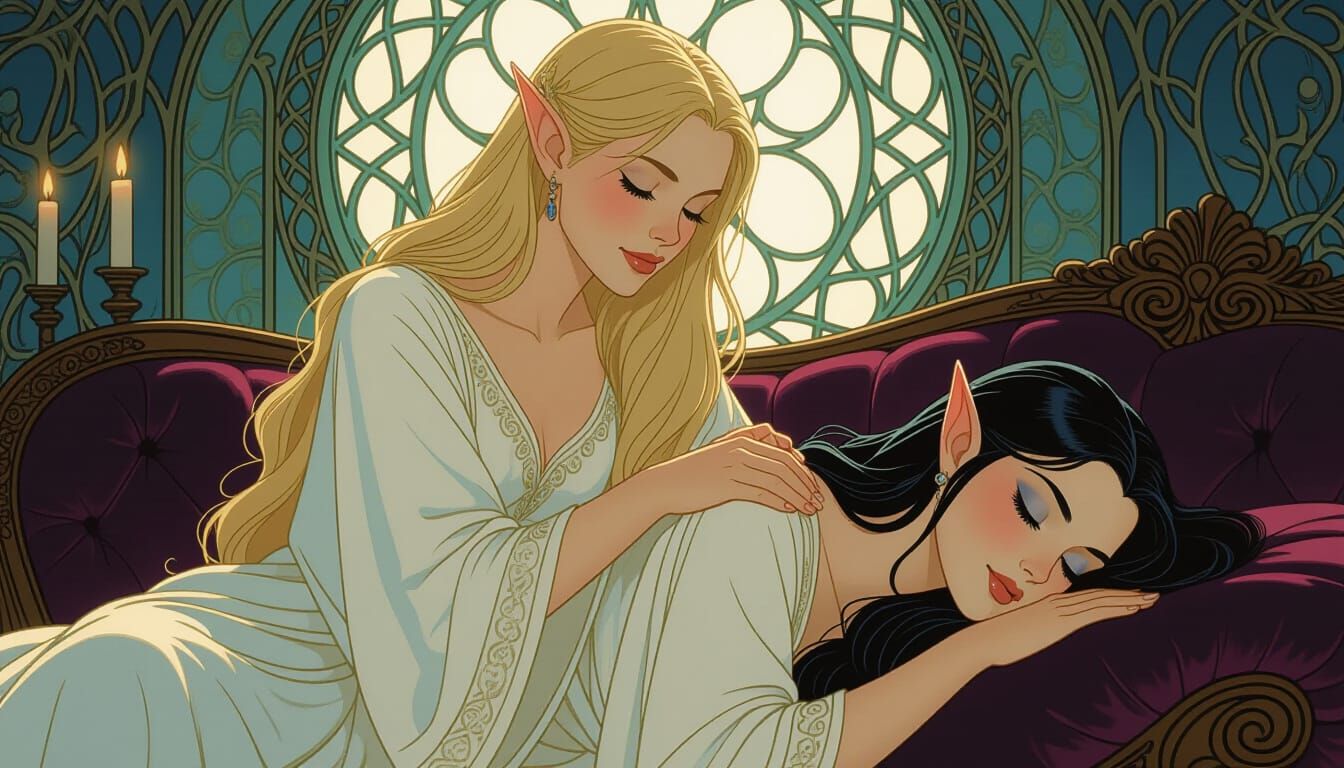 Elf Women Shoulder Massage in Art Nouveau Style