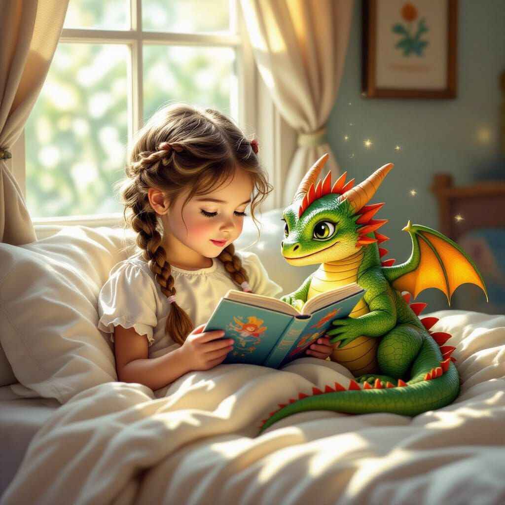 Girl Reads Fairy Tales to Young Dragon on Bed