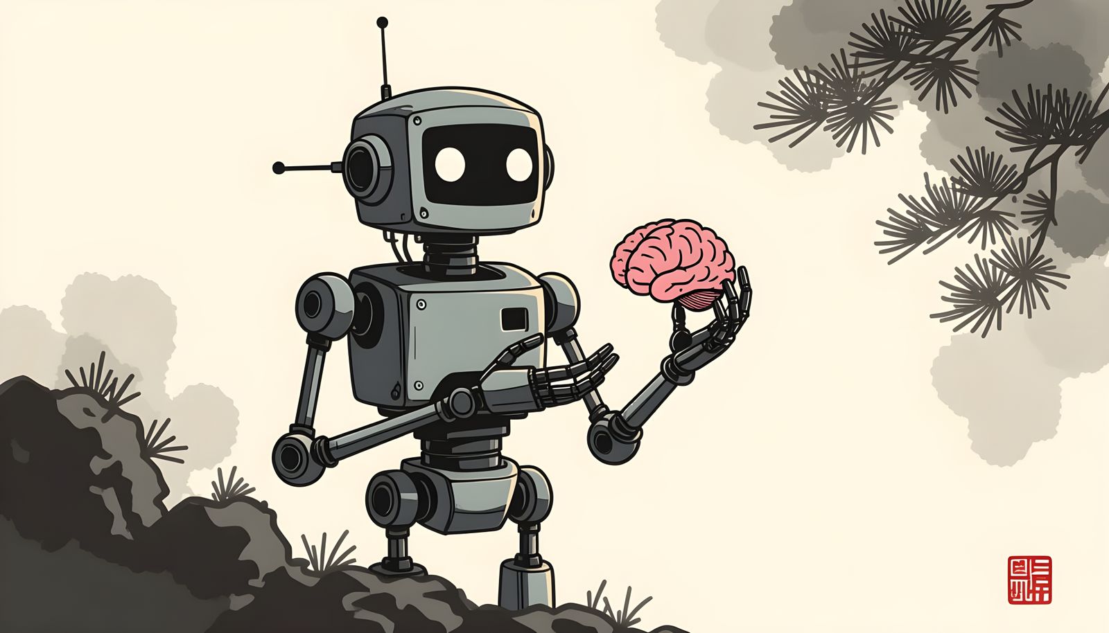 Minimalist Robot Holding Brain in Sumi-e Style
