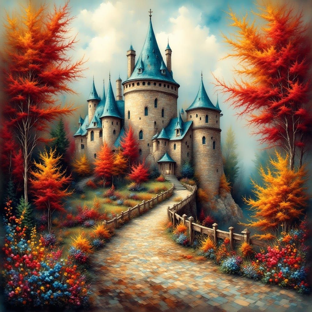 Whimsical Autumn Castle in Vibrant Watercolor