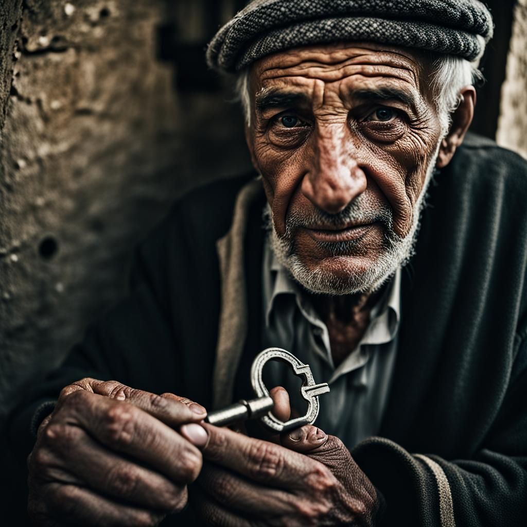 Elderly Man Portrait Holding Key in Ambient Light