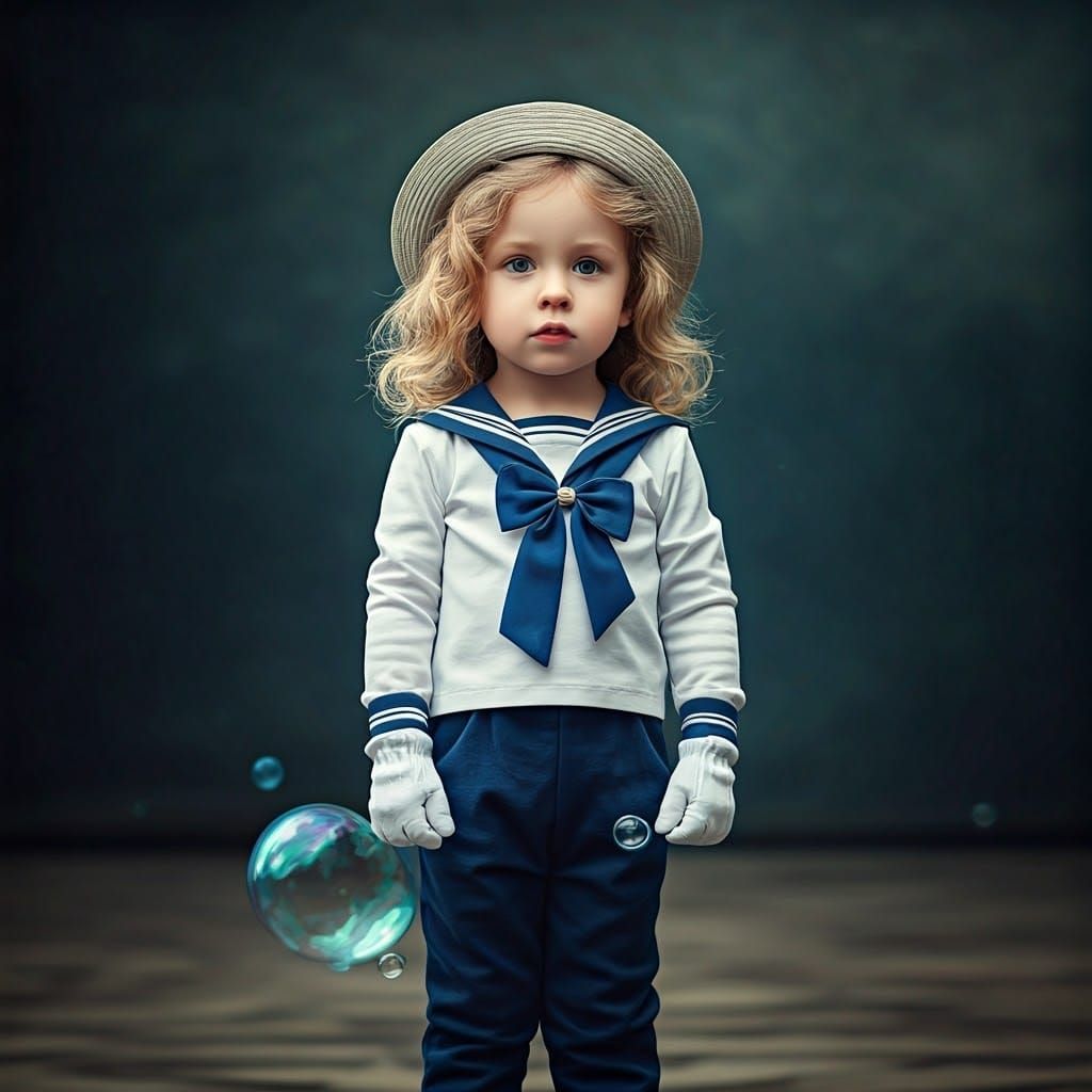Adorable Boy in Sailor Collar and Blue Pants Captured in Cin...