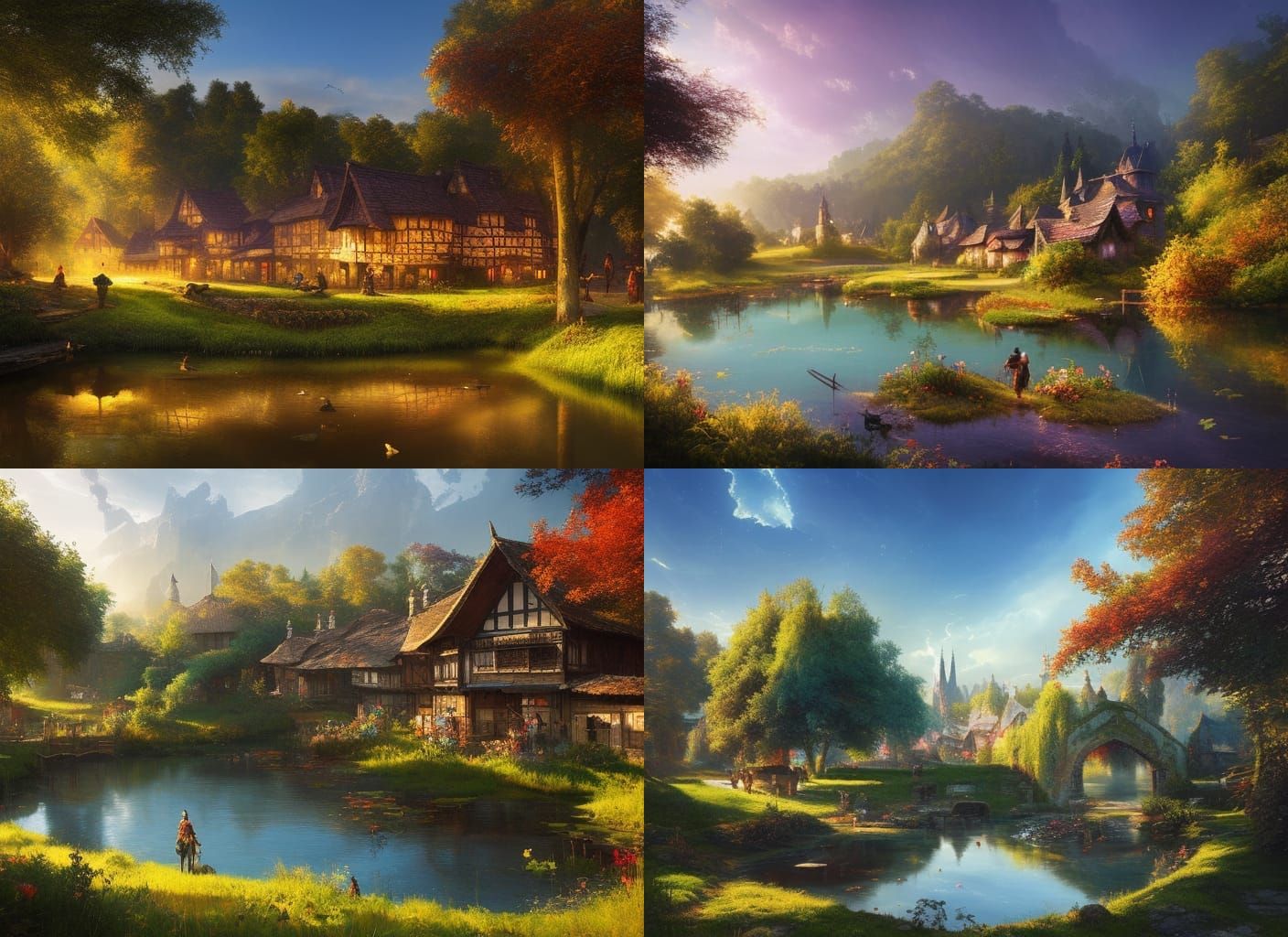 Picturesque Medieval Village Pond: Digital Illustration