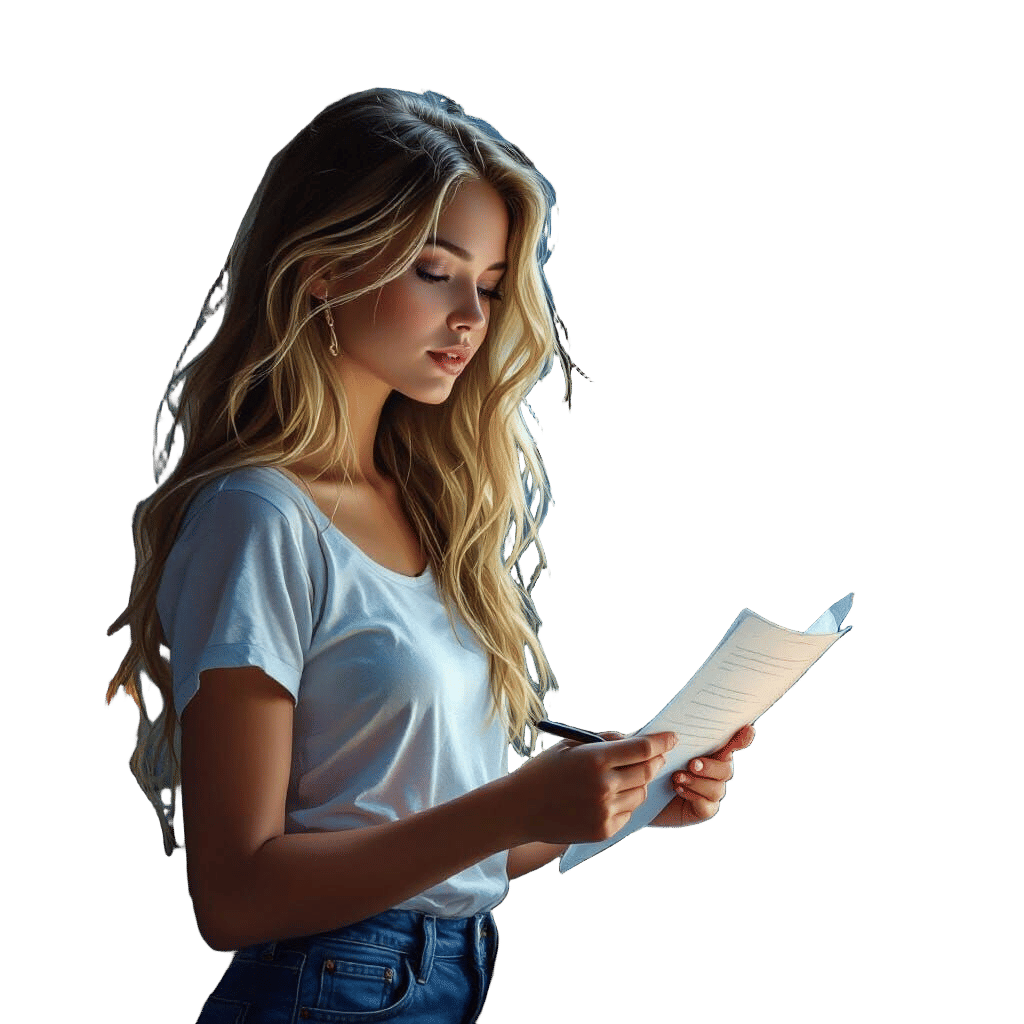 Beautiful Blonde Woman by Candlelight, Holding Paper