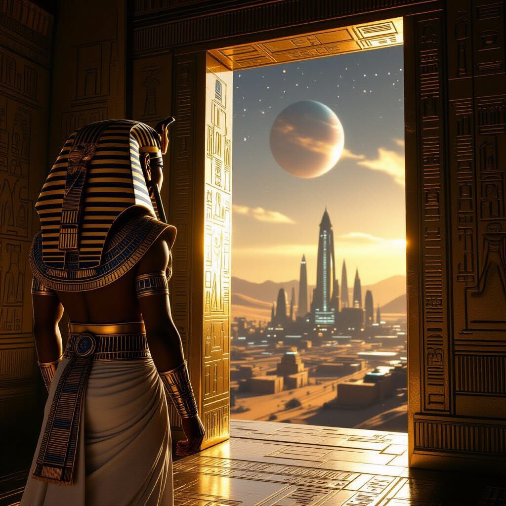 Egyptian Pharaoh Glimpses Futuristic Alien City