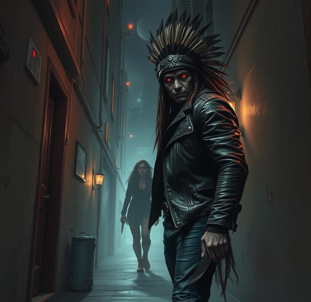 Native American Vampire Shaman in Futuristic City