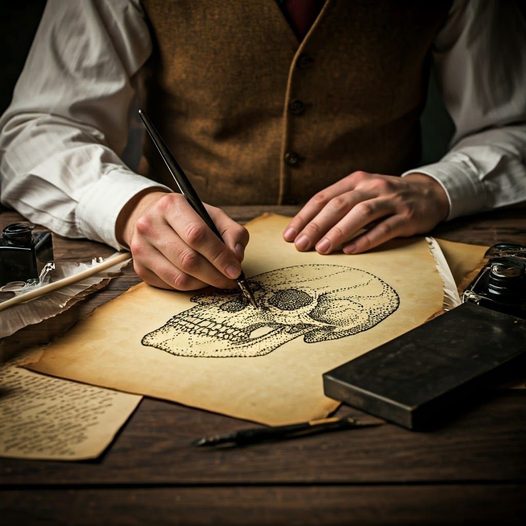Vintage Artist Creates Skull with Pen and Ink