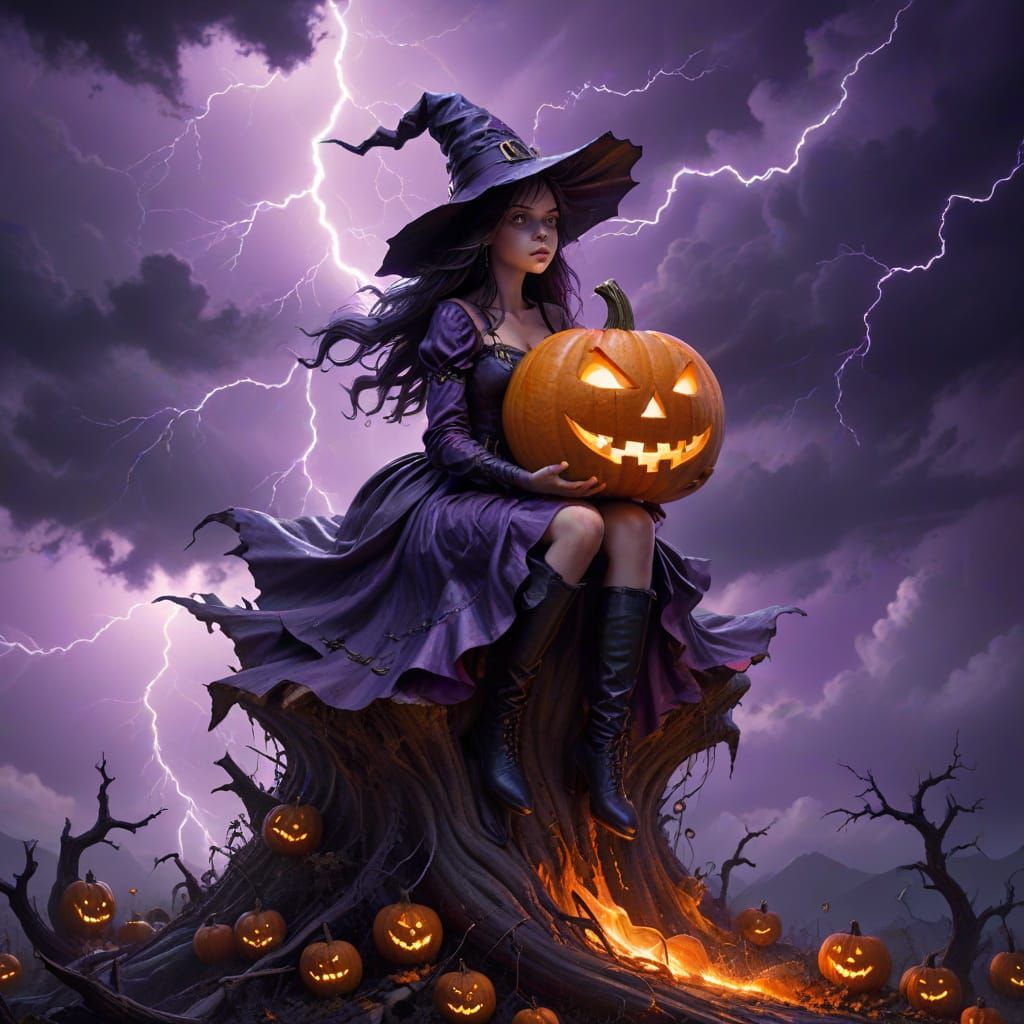 Witch Girl on Giant Glowing Jack-o'-Lantern Under Stormy Hal...