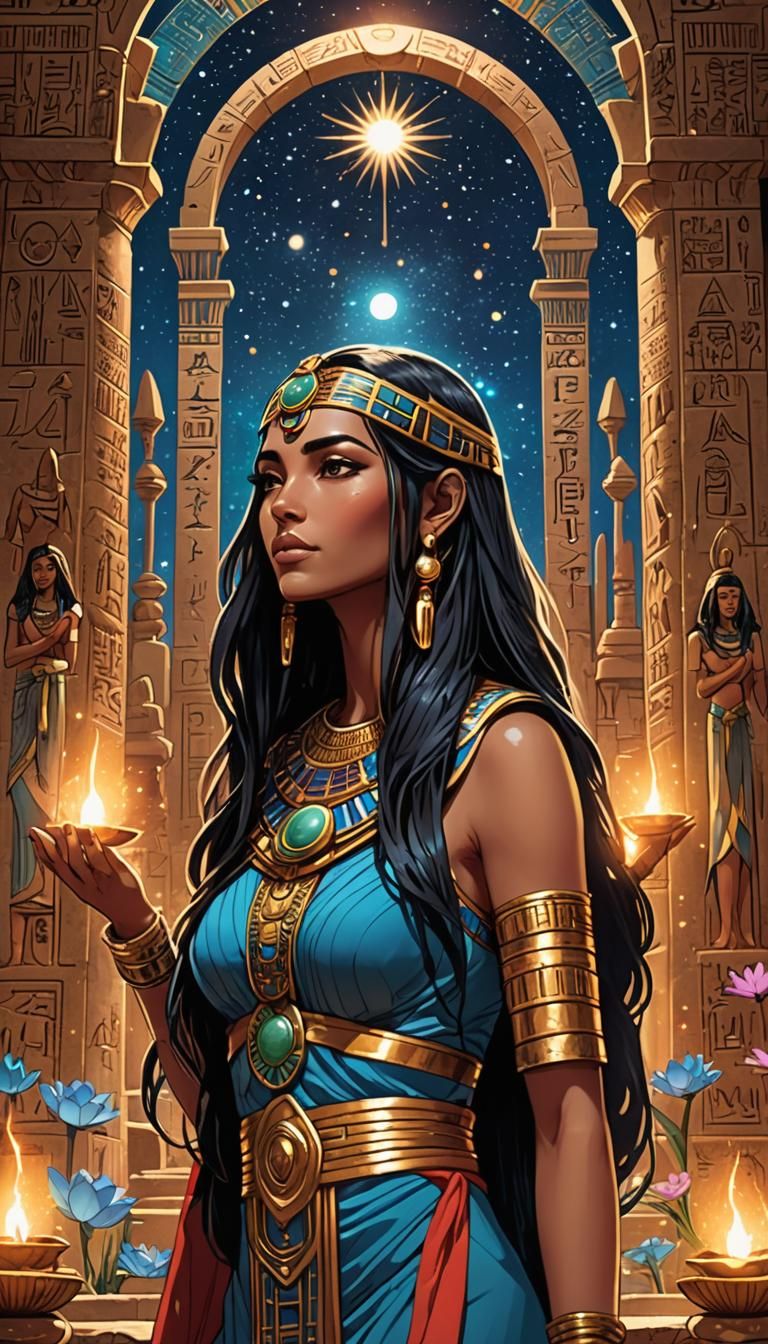 Egyptian Priestess Praying in Temple: Digital Comic Art
