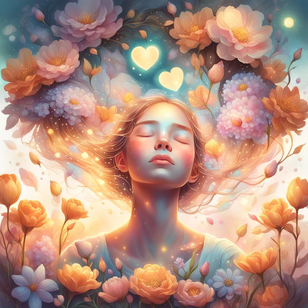 Enchanting Girl Surrounded by Flowers: Digital Illustration