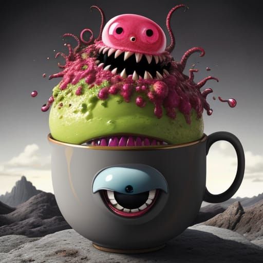 Whimsical Monster Spills Rainbow from Teacup in Desolate Lan...