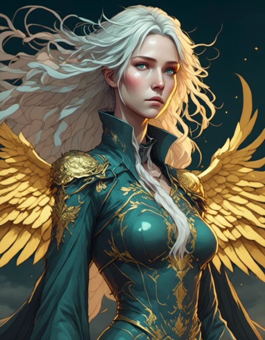 Angel with Golden Wings Flying in the Sky