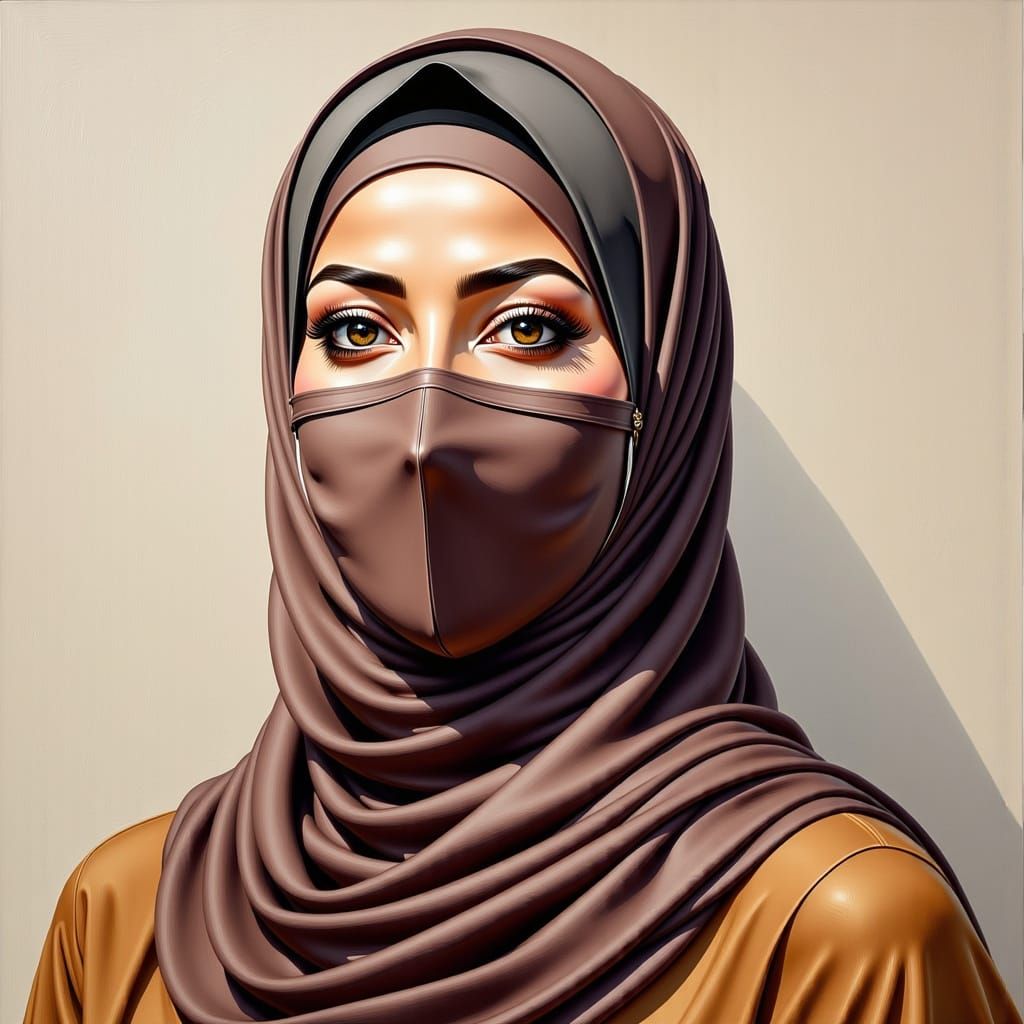 Oil Portrait of a Heavy Hijabi Woman with Floral Mask