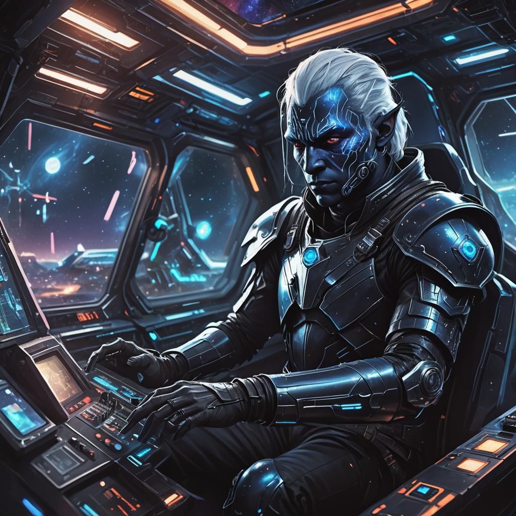Drow Pilot Navigating Spaceship in Sci-Fi Concept Art