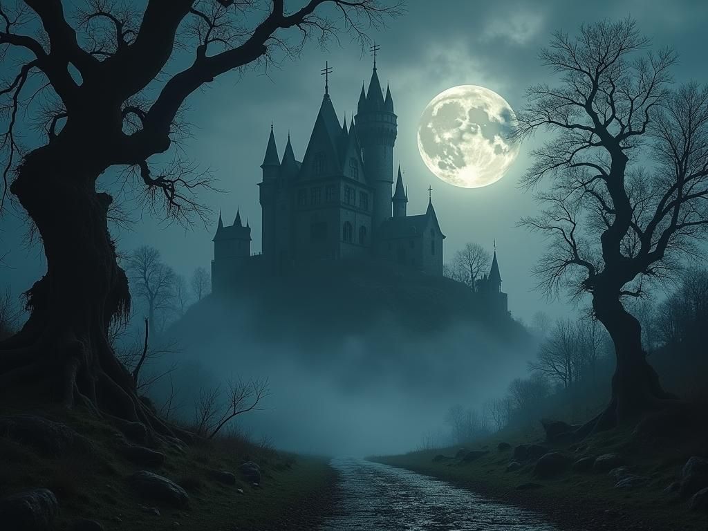 Dark Castle Beside Tree with Moonlit Ruins