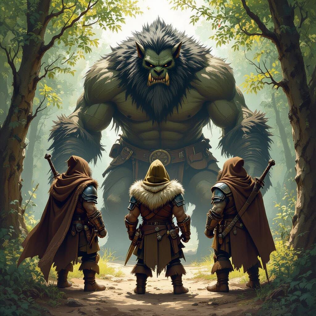 Dwarves Confront Fearsome Bugbear in Medieval Forest