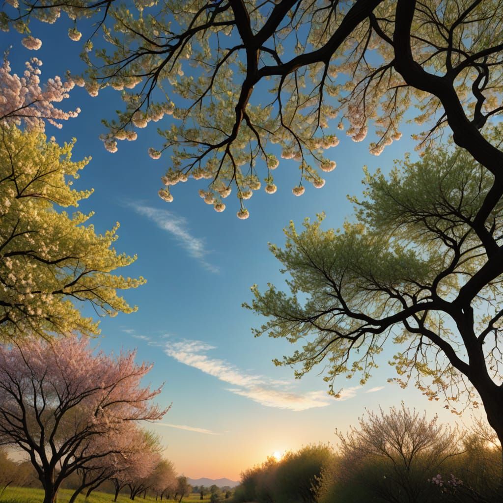 Spring Dawn Landscape with Cherry Blossom Tree