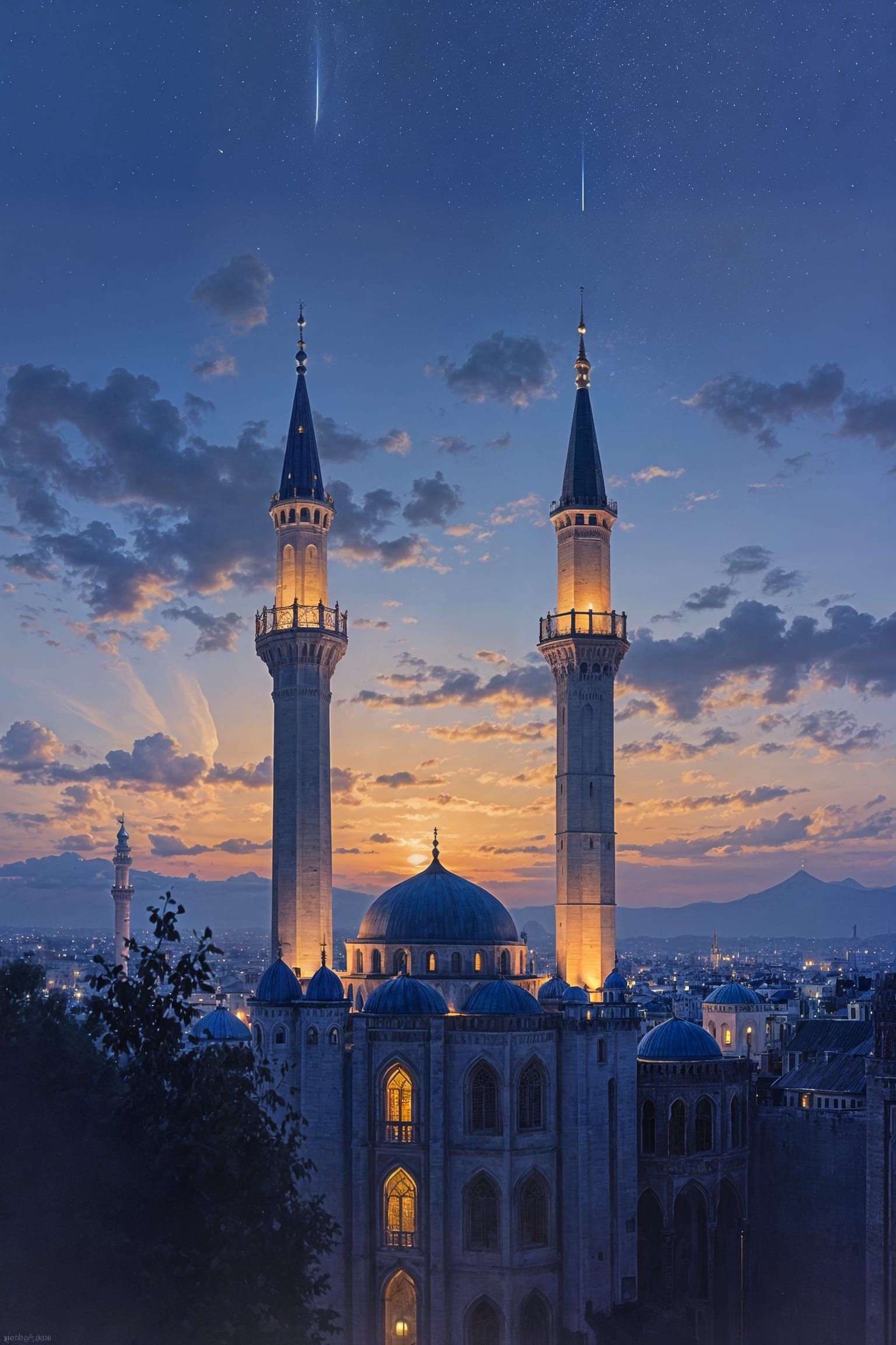 Two Minarets Against a Blue Twilight Sky in Portrait