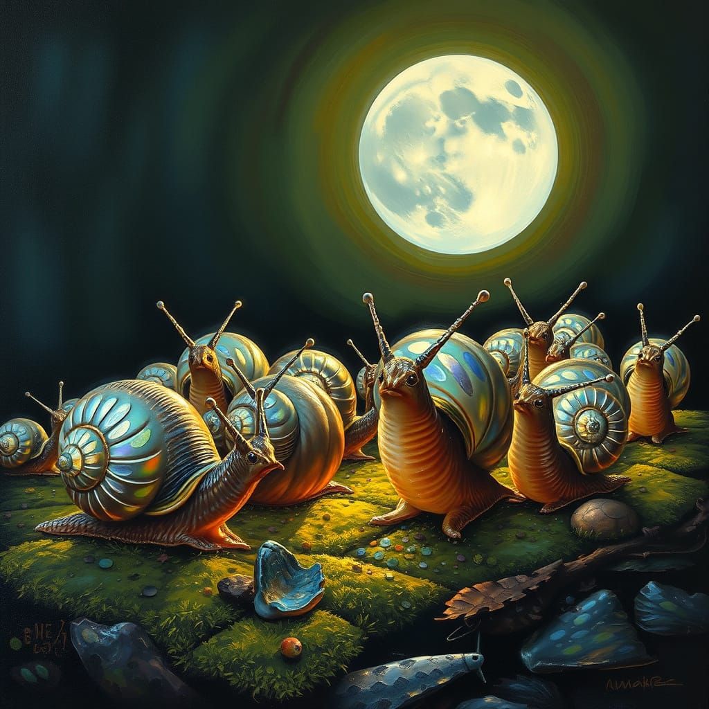 Snail Party in Abalone Shells Under Surreal Moon
