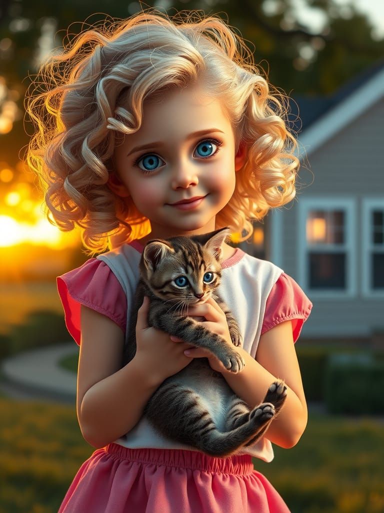 Girl Holding Tabby Kitten at Sunset