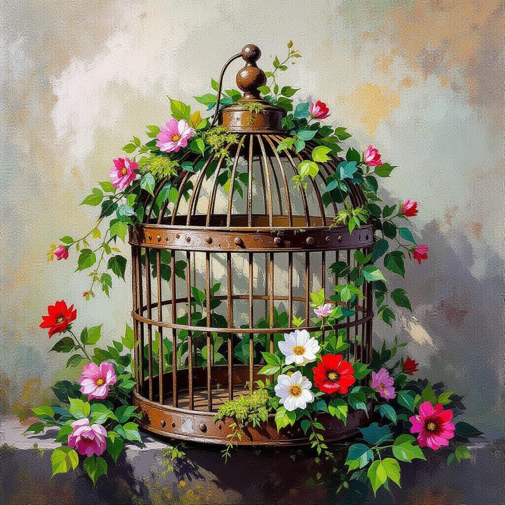 Rusty Birdcage Overgrown with Flowers and Vines in Impressio...
