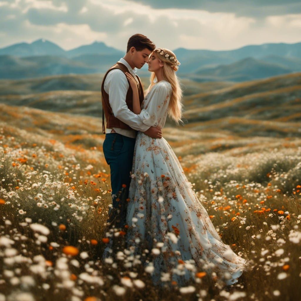Couple Embrace in Flowery Meadow