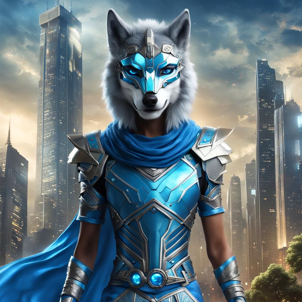 Create a futuristic warrior with a sleek wolf mask, blending...