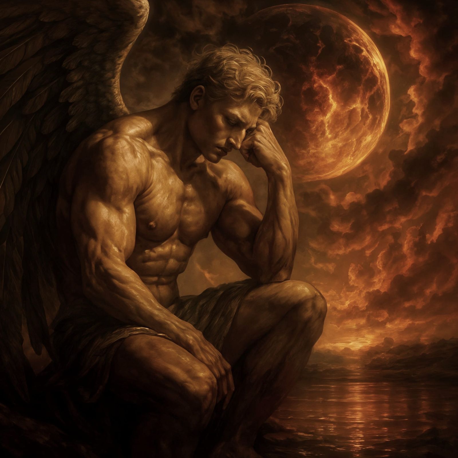 Contemplative Angel Overlooking a Fiery World