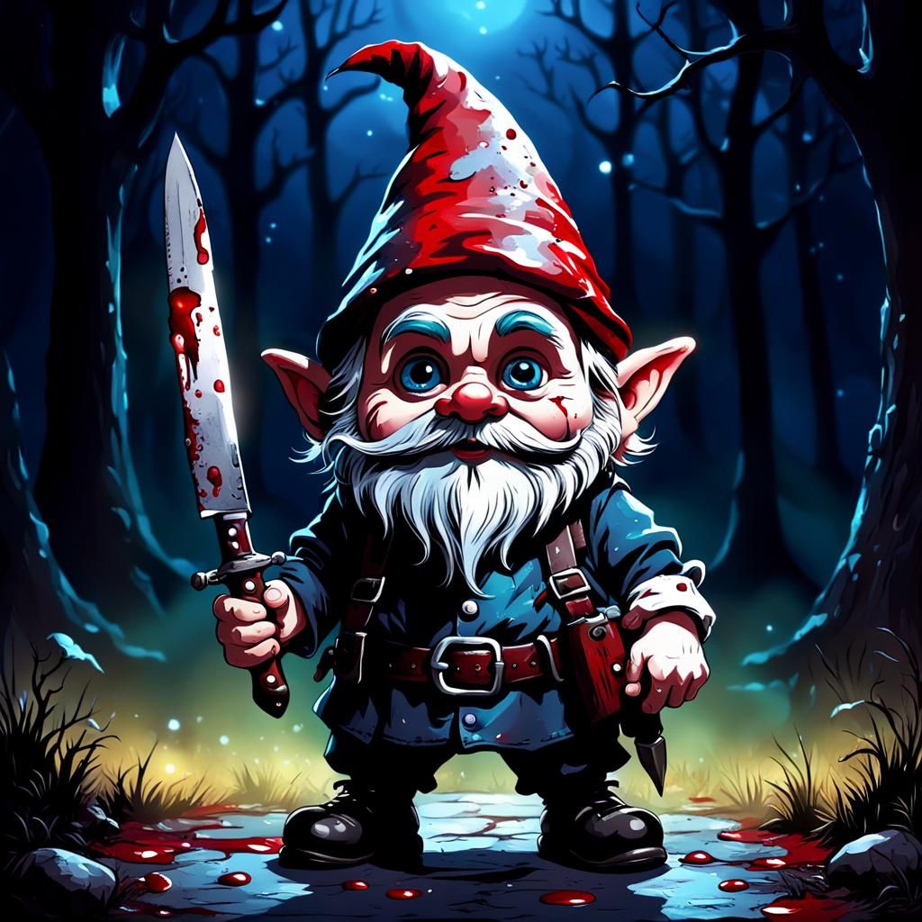 Tim Burton Style Gnome with Knife at Night