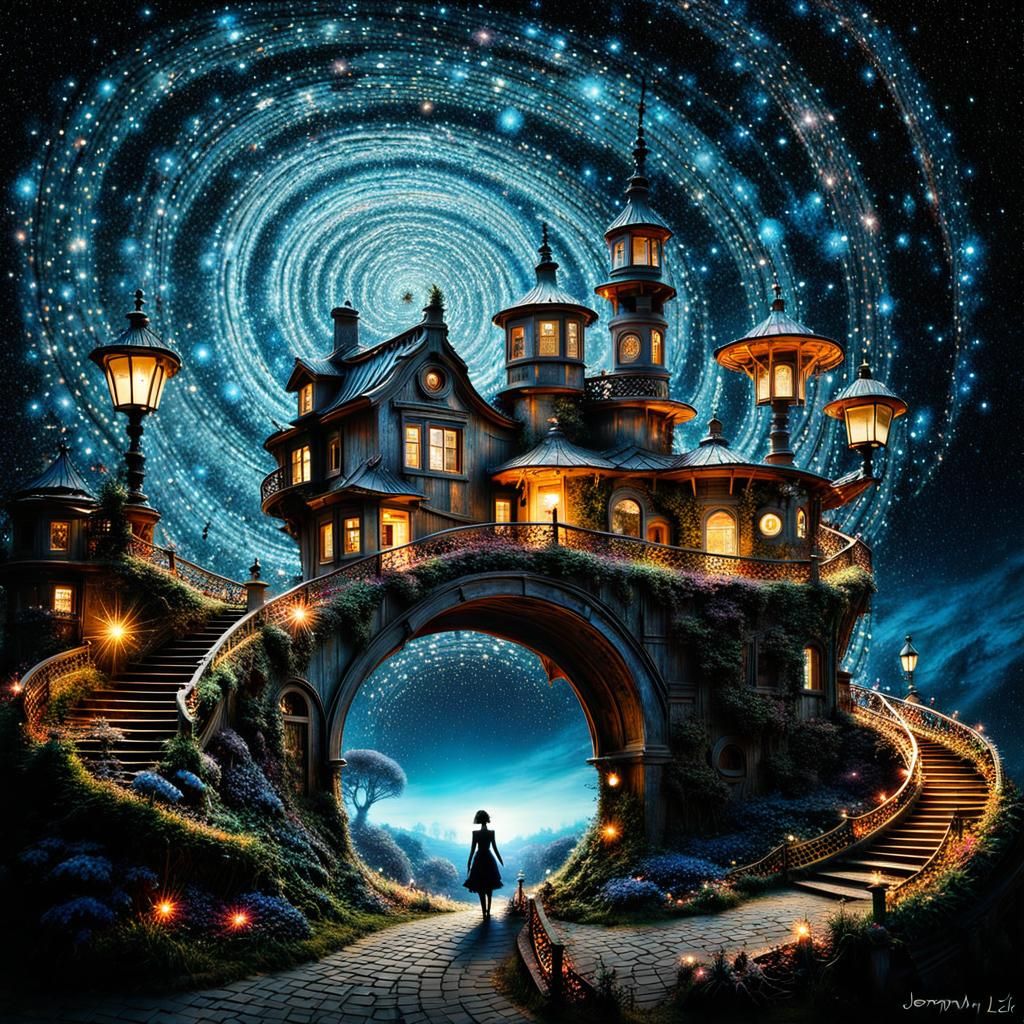 Surreal Fairy Spiral Farm with Starry Galaxy