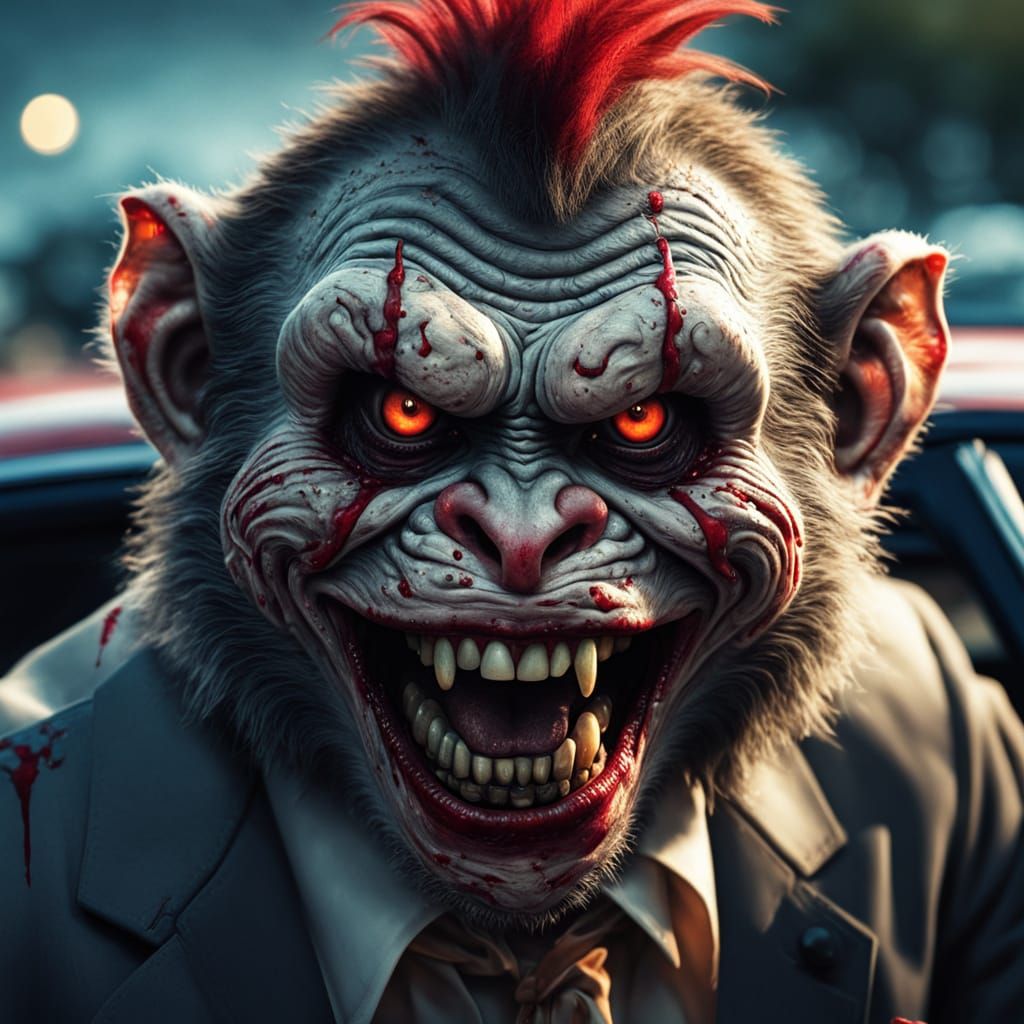 Hyper-Realistic Zombie Monkey Salesman in Dimly Lit Car Lot