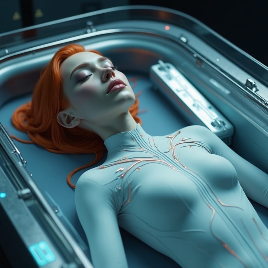 Woman in Futuristic Cryo Chamber with Glowing Tech Suit