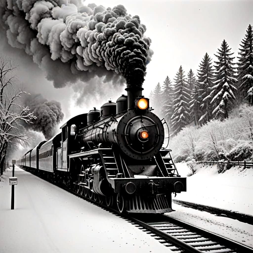 Vintage Steam Train at Snowy Station in 1887