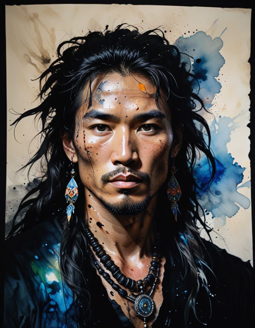 Mongolian Warrior Watercolor Portrait in Dramatic Lighting