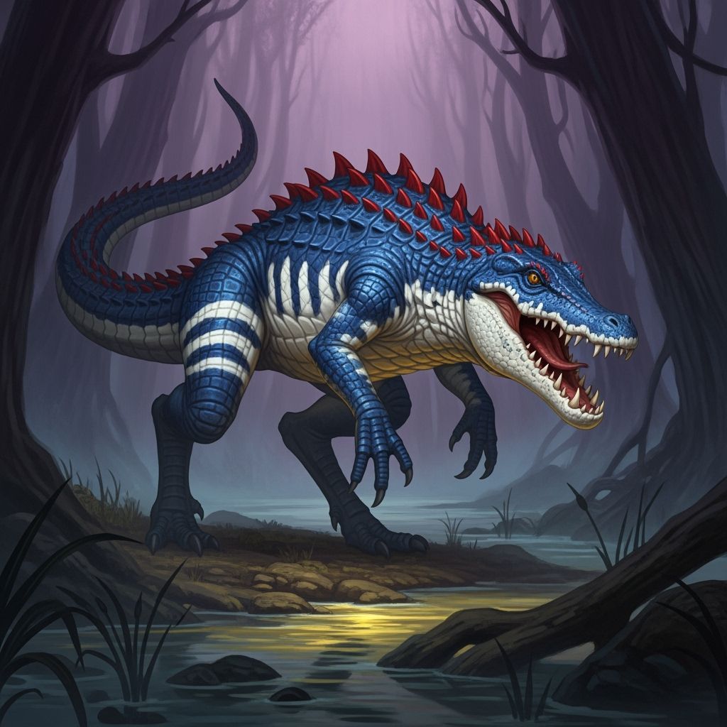 Blue Bipedal Alligator Hunter in Misty Swamp