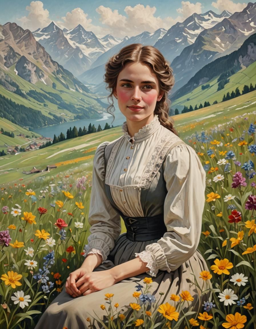 Victorian Woman in Alpine Meadow, Oil Painting