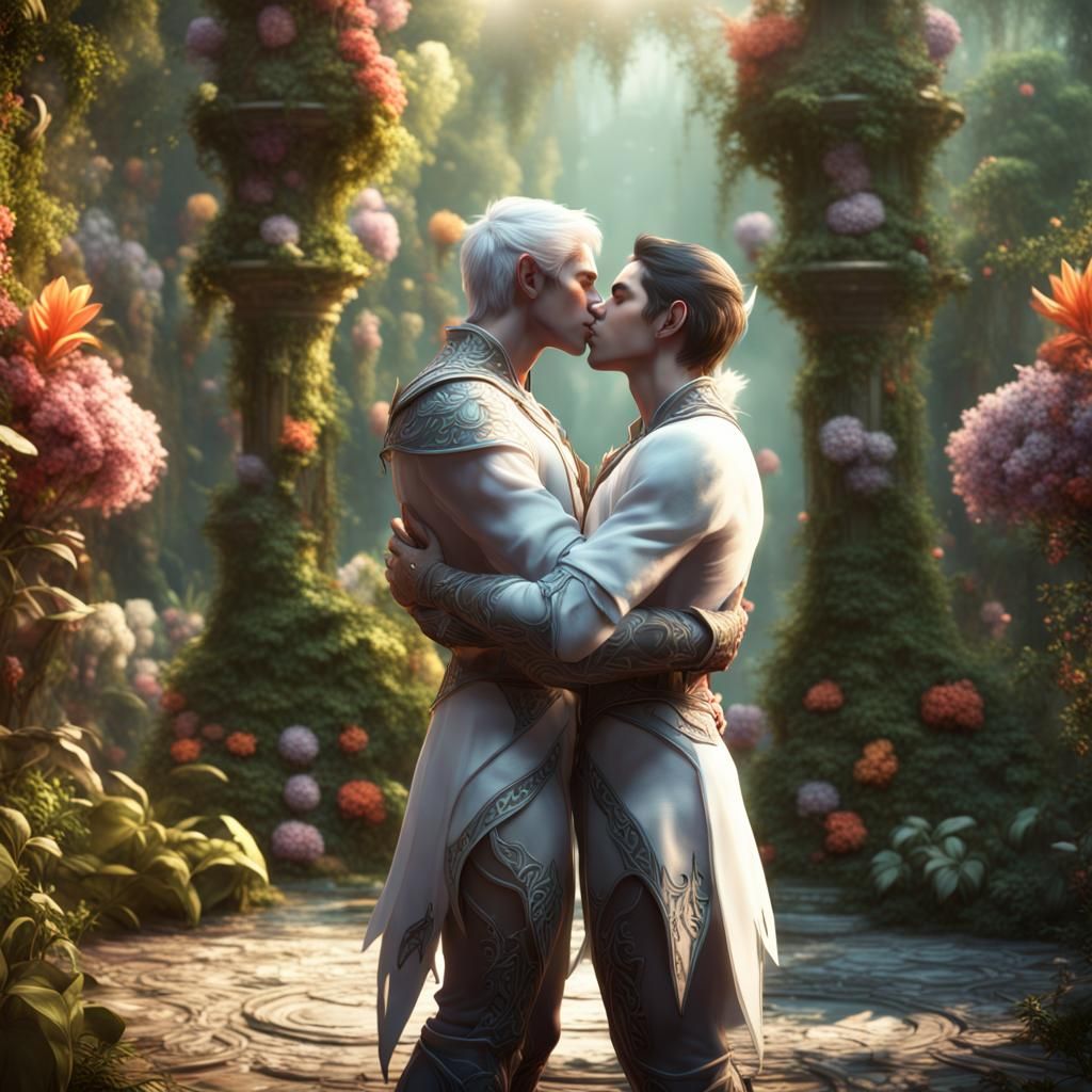 Elves Kissing in a Fantasy Garden