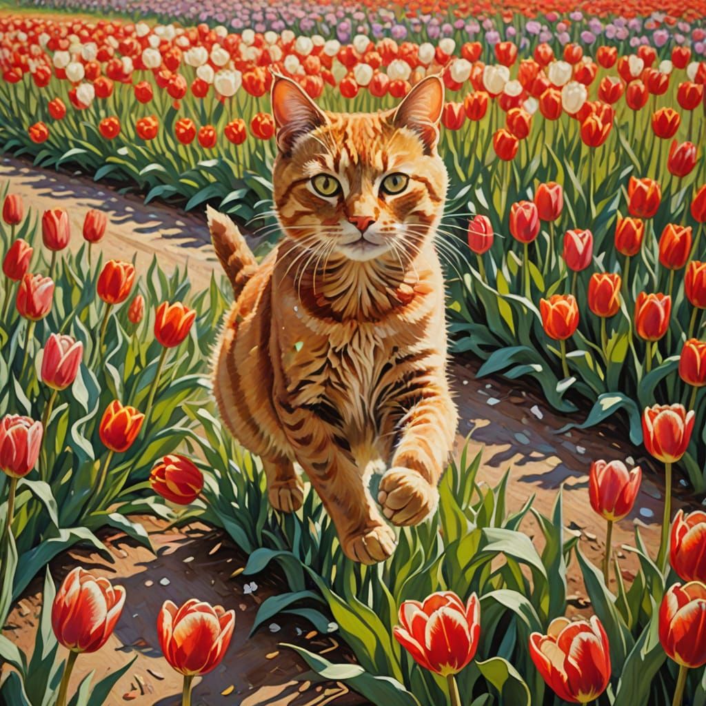 Whimsical Cat Amidst Vibrant Tulips in Impressionist Style