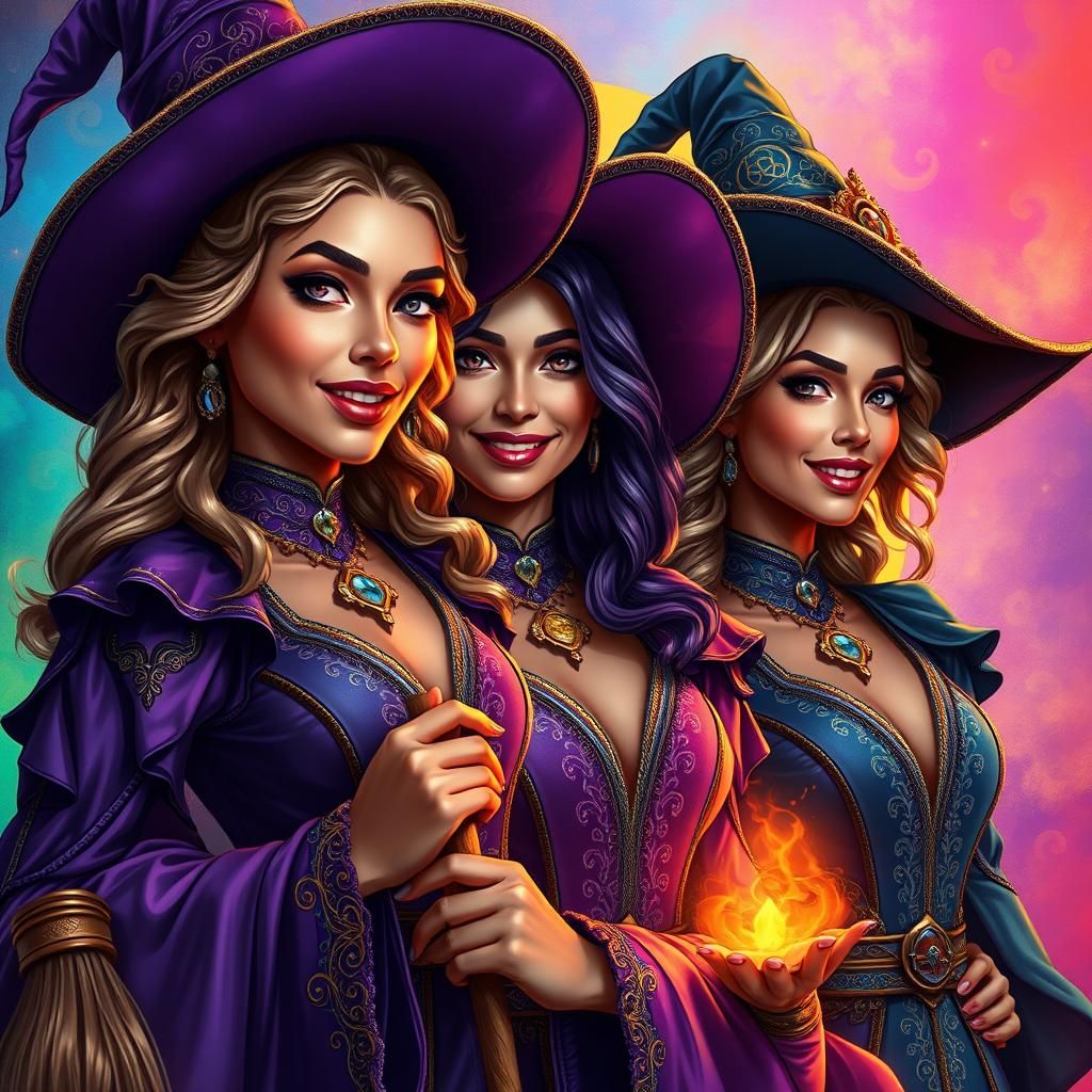 Ornate Witches in Powerful Poses: Hyperrealistic Splash Art