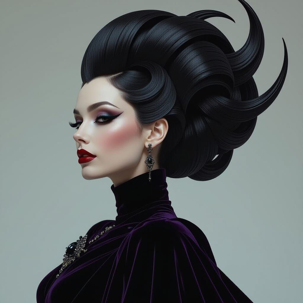 regal, vampiric princess with hair sculpted into an elaborat...
