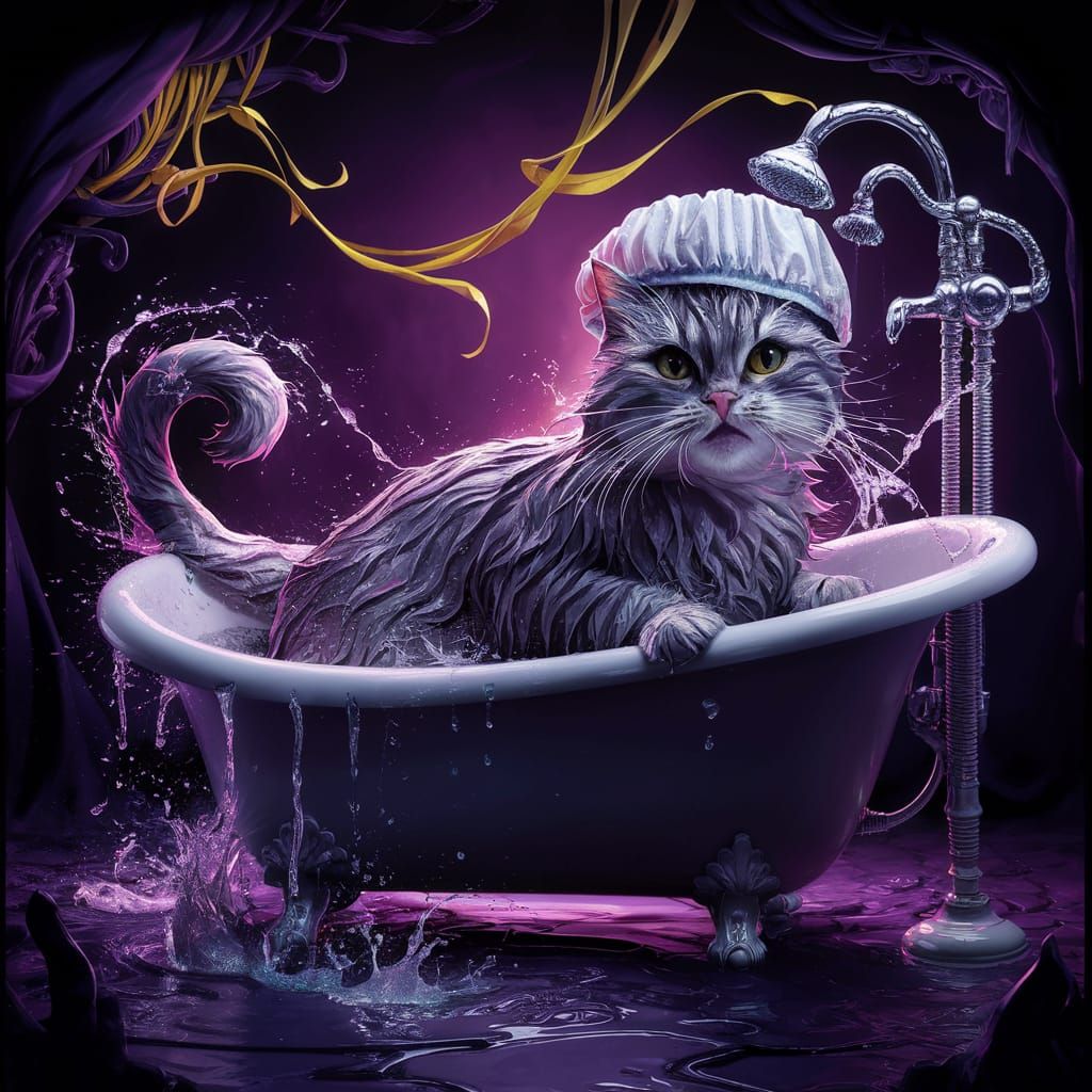 Cat in Bathtub: Dark Fantasy Digital Art