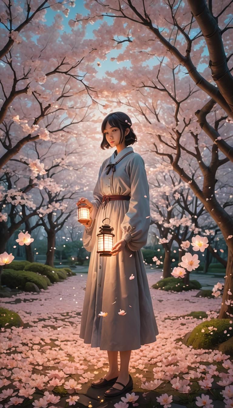 Woman with Glowing Lantern in Surreal Garden