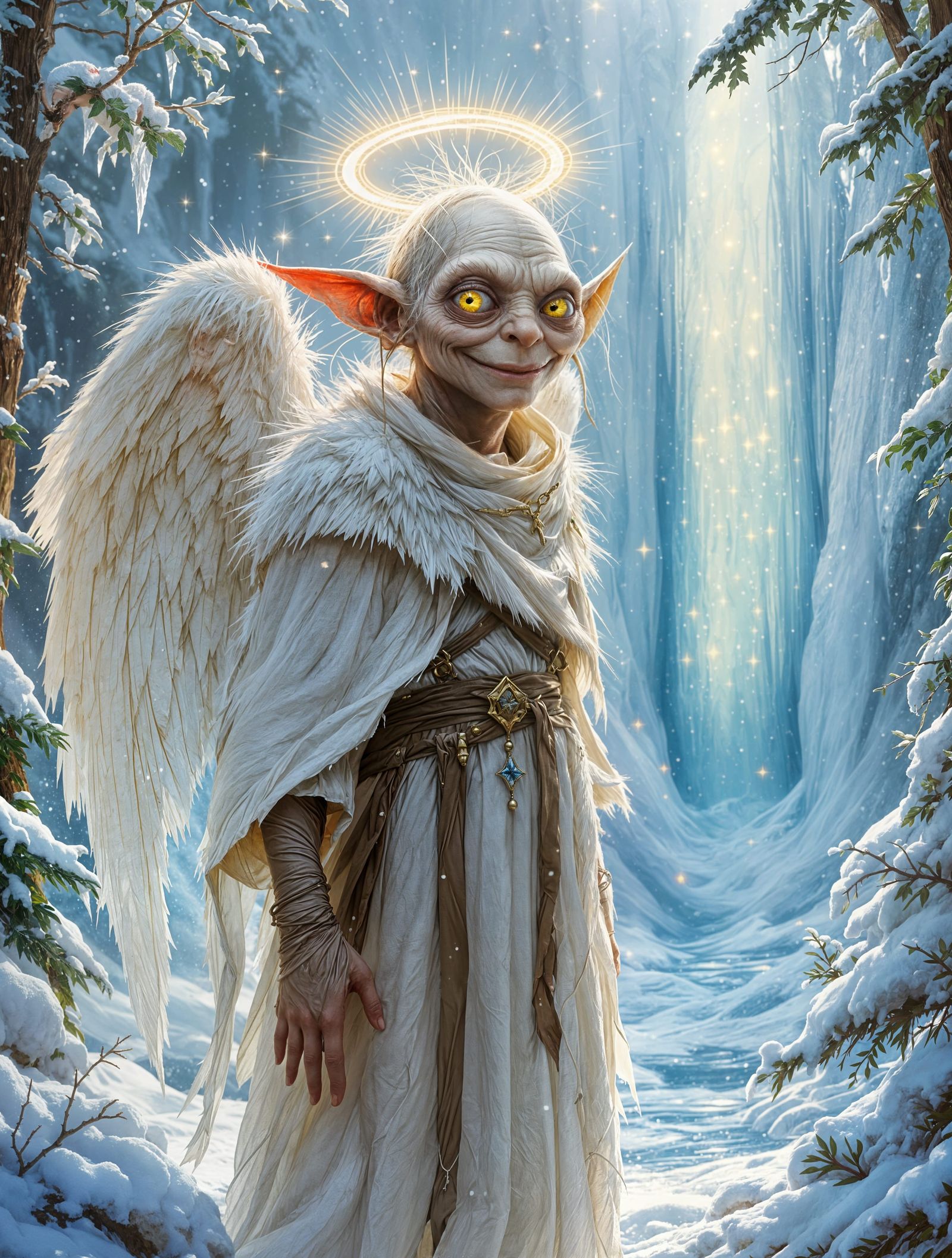 Gollum in Christmas Angel Hiding His Smile Amidst the Winter...