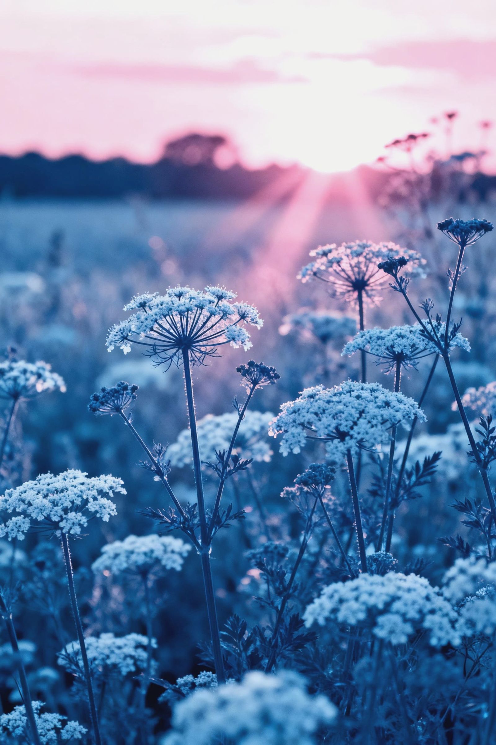 Lush Flower Field at Sunrise with Sun Rays