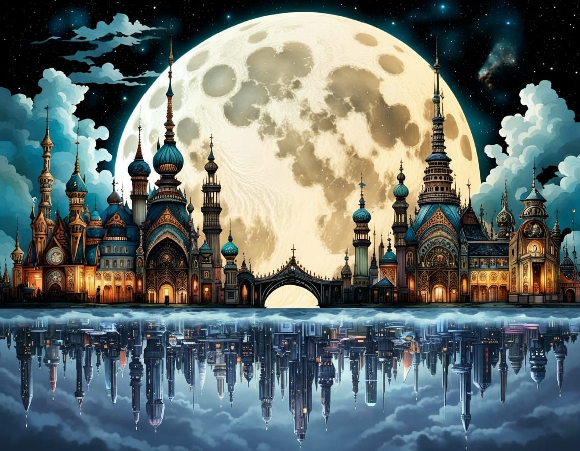 Misty Starry Night Illustration with Glorious Light Effects