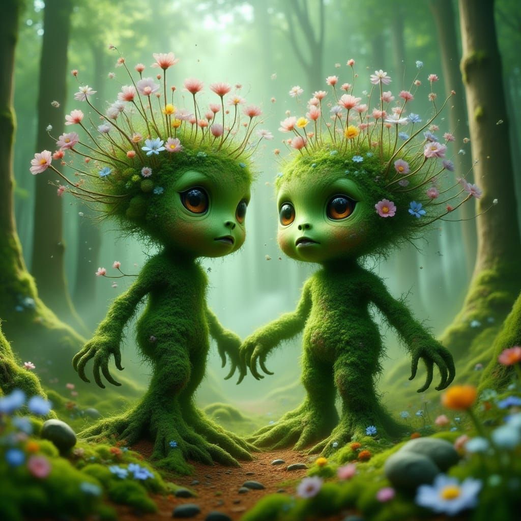 Whimsical Moss Folk in a Dewy Forest Glade