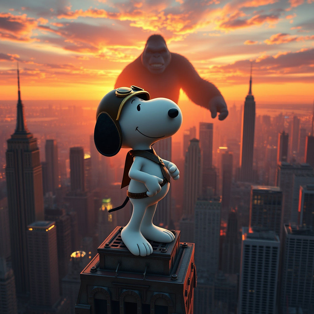 Snoopy and King Kong in Dreamlike Cityscape