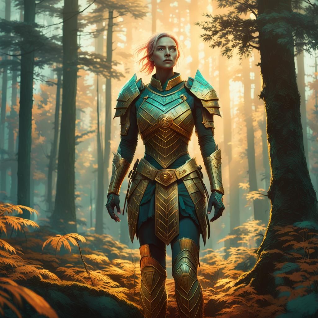 Female Knight in Mystical Forest, Fantasy Art