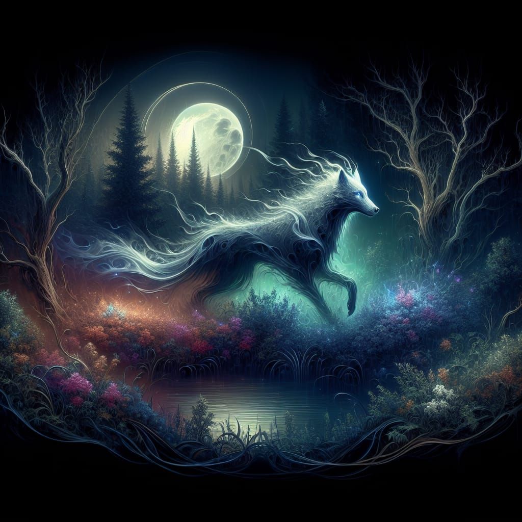 Ghost Wolf Drifting Through Dark Enchanted Forest
