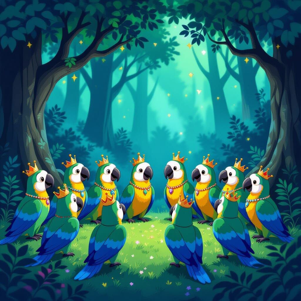Parrots in Bioluminescent Forest, in Cartoon Style